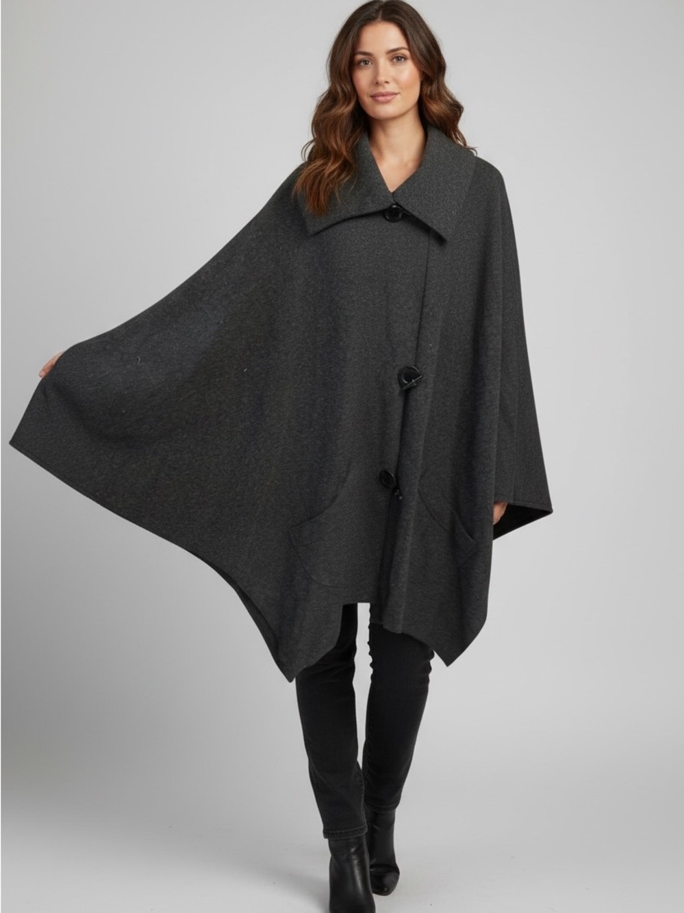 Charcoal Gray Button-Front Poncho with Wide Collar